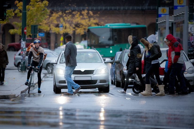 Busy Street With Cars, Pedestrians And Bicyclists